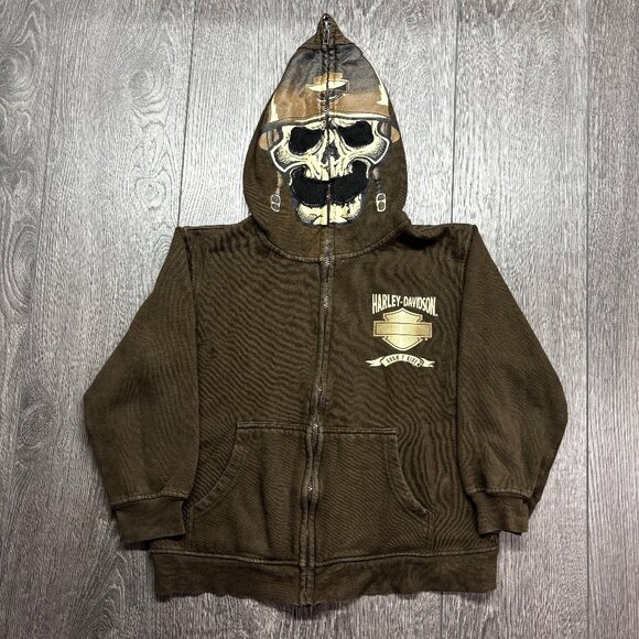 Harley Davidson Skull Full Zip Hoodie Brown Youth 8/10 M Biker Y2k - Picture 1 of 7